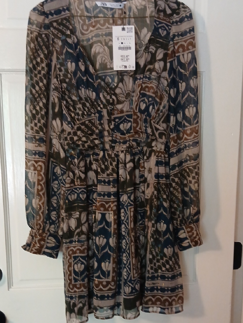 Zara Blue, Brown and Cream Patterned Long Sleeve V-Neck Dress, NWT